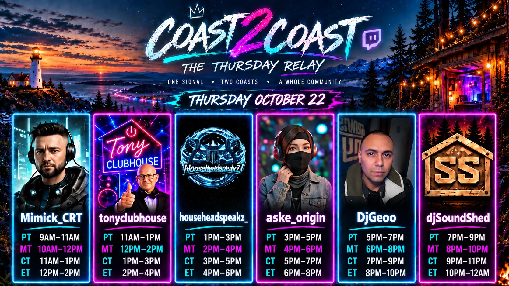 Coast2Coast: The Thursday Relay. A neon trail connects a coastal lighthouse to a forest DJ shed.