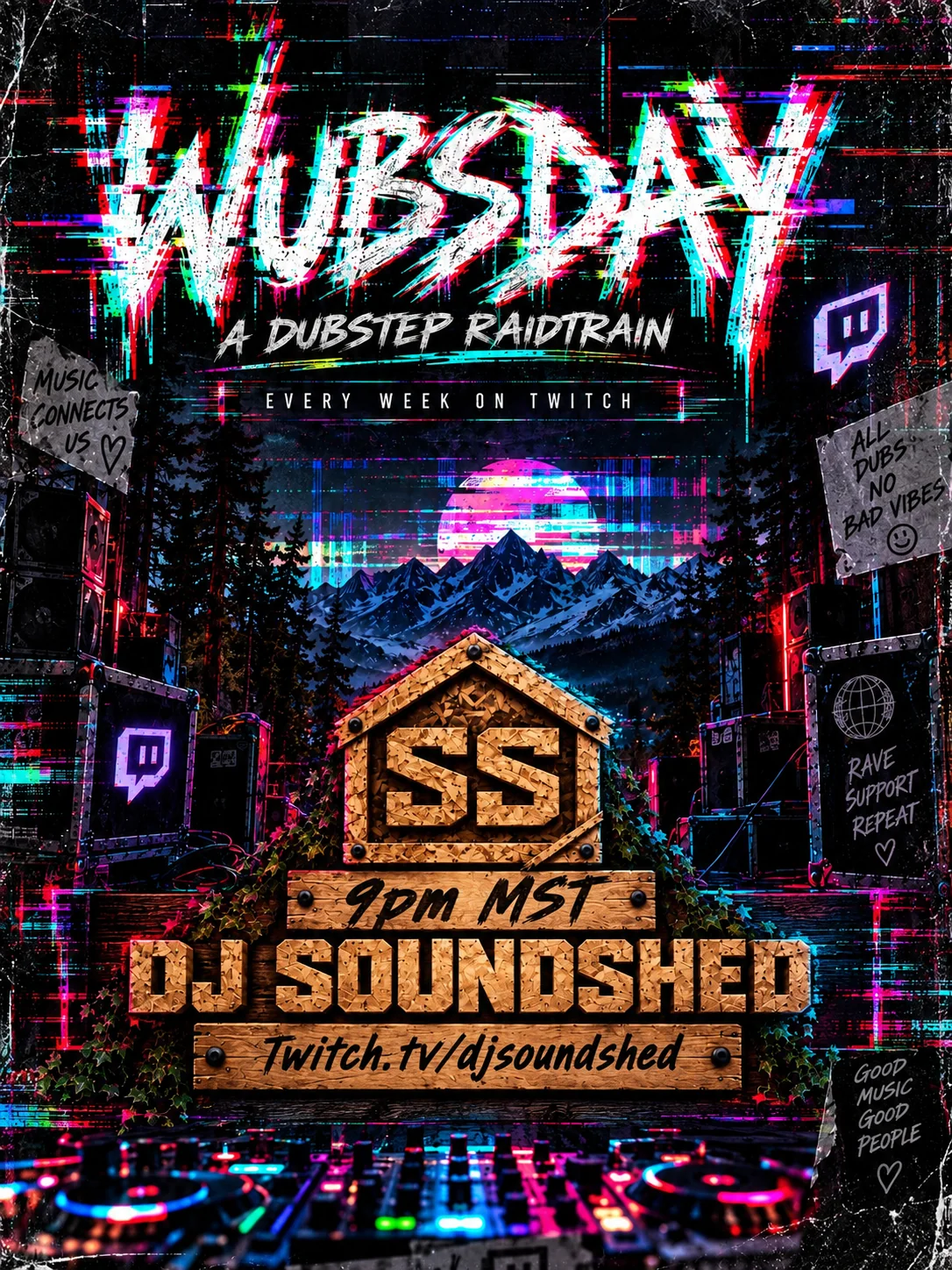 Vertical WUBSDAY flyer with glitch neon mountains and speaker stacks