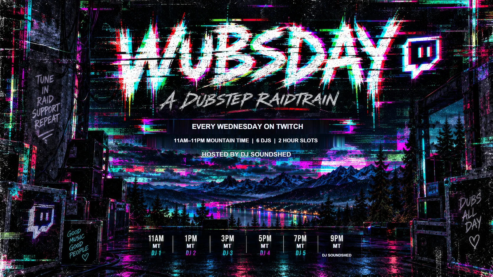 Glitch neon mountain landscape with speakers and WUBSDAY text